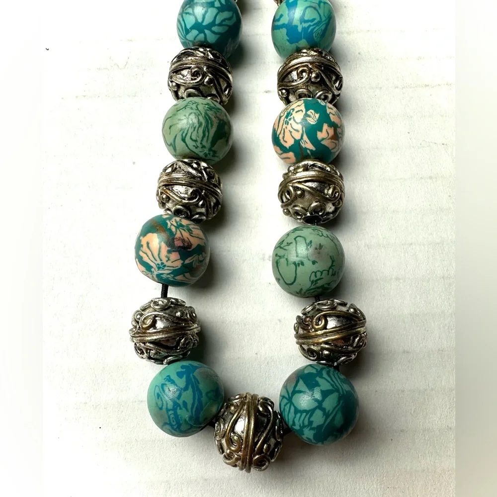 Vintage Handmade Silicone Rubber Beads And Metal Spacers Necklace Choker‎ Blue